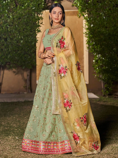 Incredible Pista Green Sequins Georgette Lehenga Choli With Dupatta
